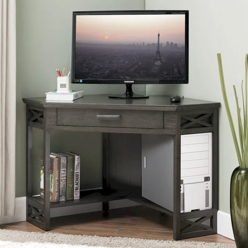 Bureau d'angle en bois massif avec tiroir et étagère de rangement inférieure