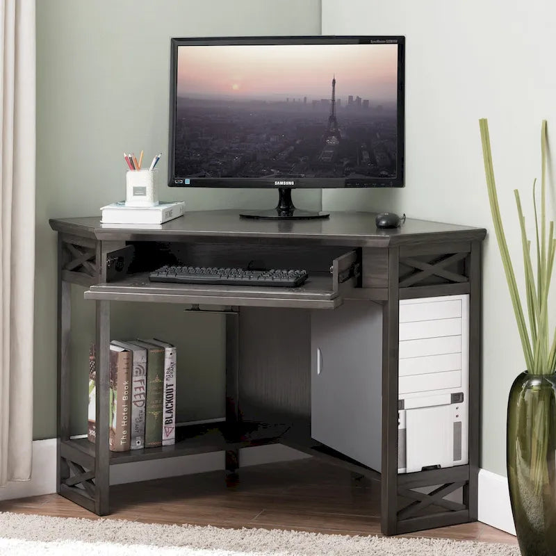 Bureau d'angle en bois massif avec tiroir et étagère de rangement inférieure