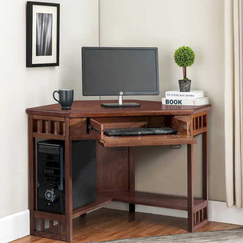Bureau d'angle en bois massif avec tiroir et étagère de rangement inférieure