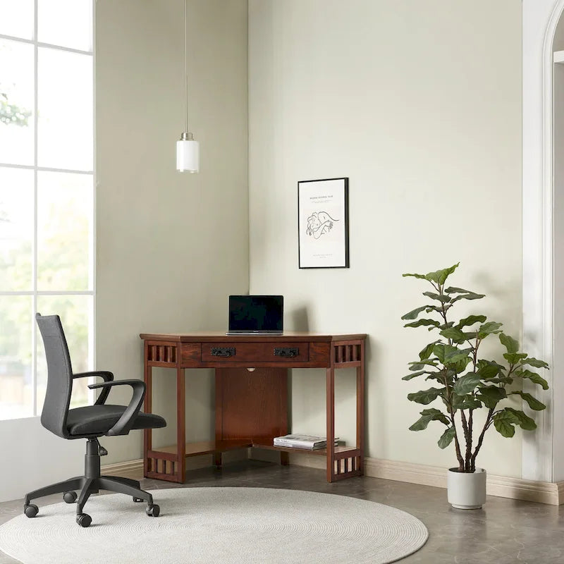 Bureau d'angle en bois massif avec tiroir et étagère de rangement inférieure