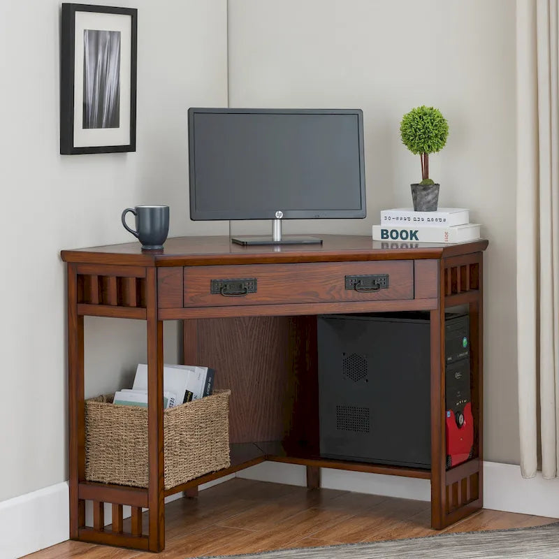 Bureau d'angle en bois massif avec tiroir et étagère de rangement inférieure