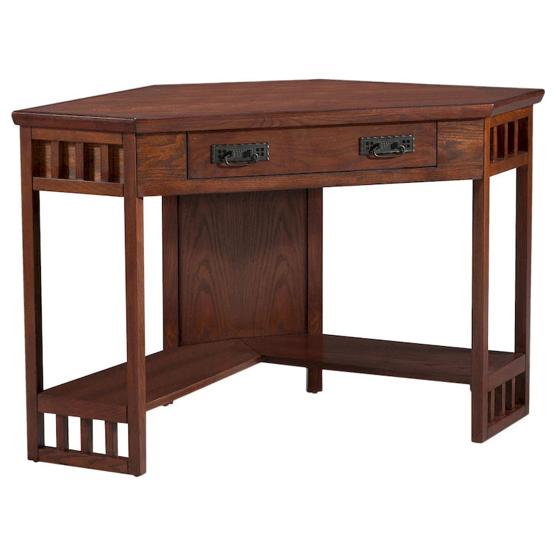 Bureau d'angle en bois massif avec tiroir et étagère de rangement inférieure