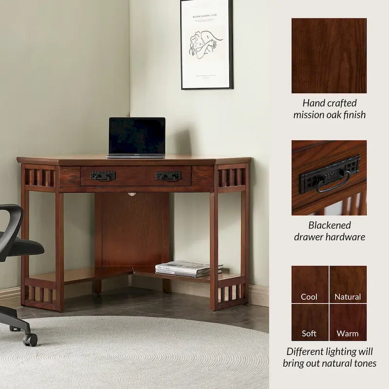 Bureau d'angle en bois massif avec tiroir et étagère de rangement inférieure