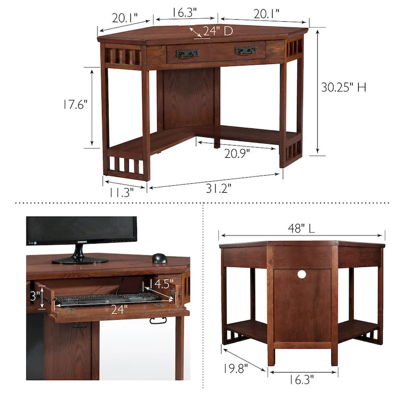 Bureau d'angle en bois massif avec tiroir et étagère de rangement inférieure