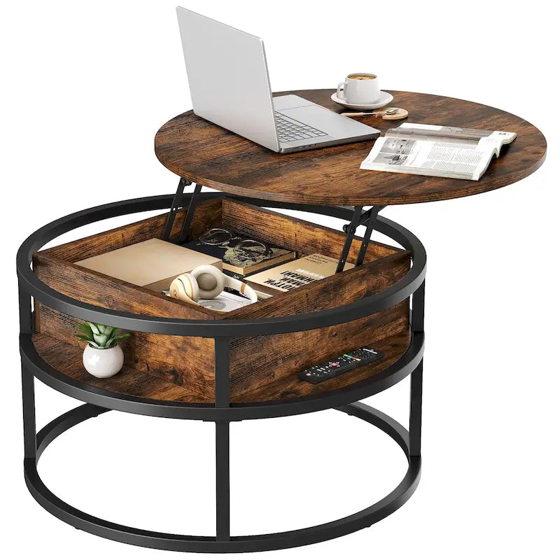 Table basse ronde à plateau relevable avec rangement dissimulé