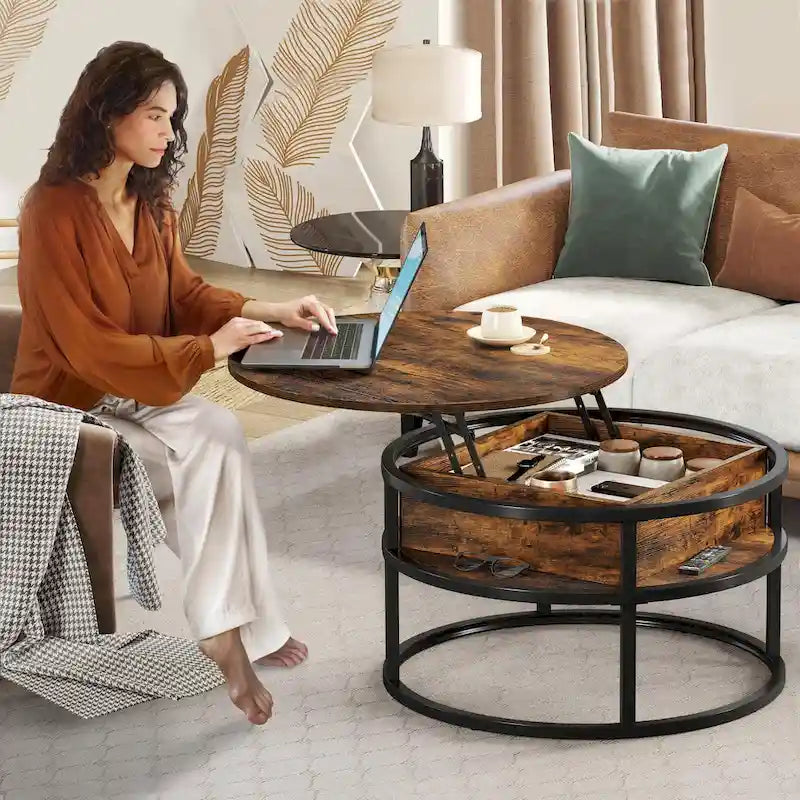 Table basse ronde à plateau relevable avec rangement dissimulé