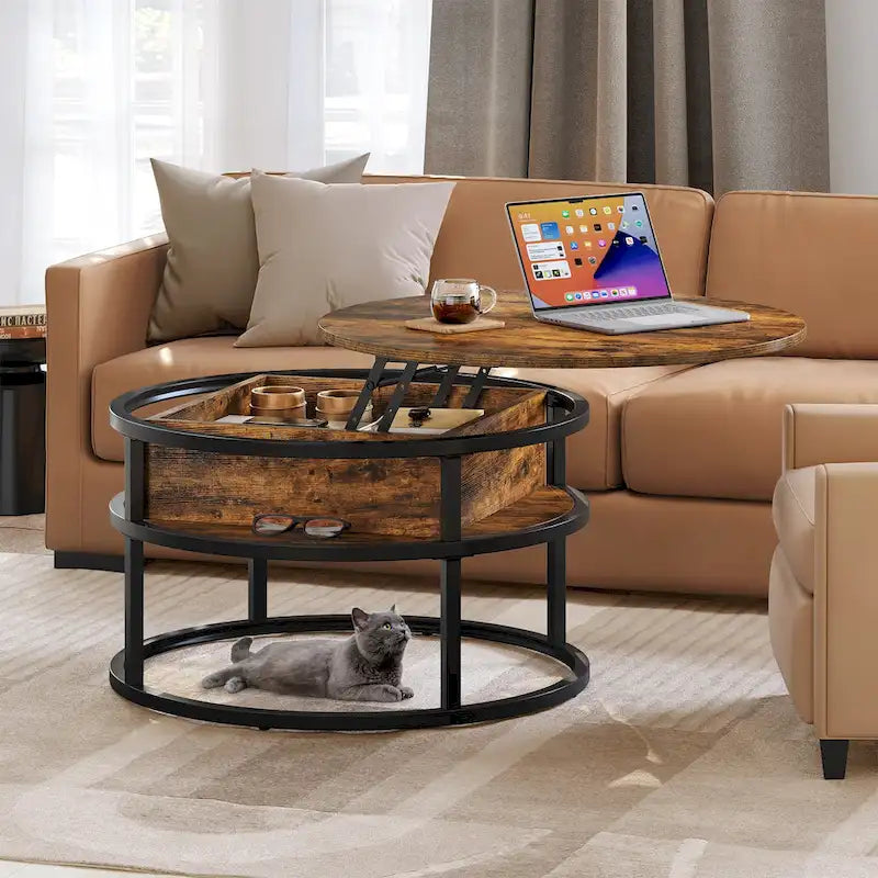 Table basse ronde à plateau relevable avec rangement dissimulé