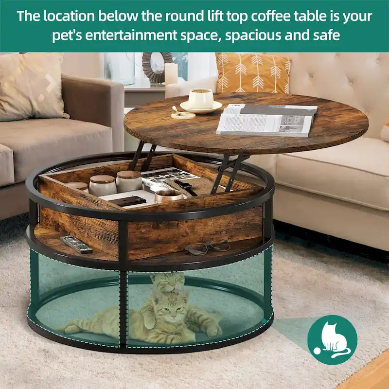 Table basse ronde à plateau relevable avec rangement dissimulé