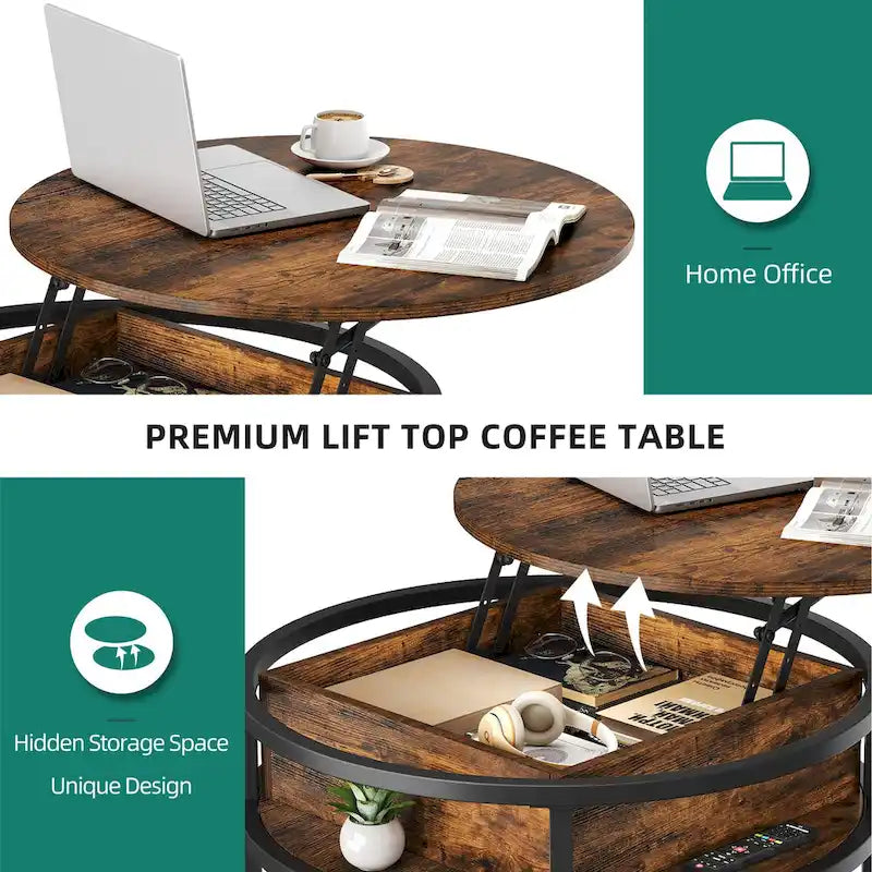 Table basse ronde à plateau relevable avec rangement dissimulé