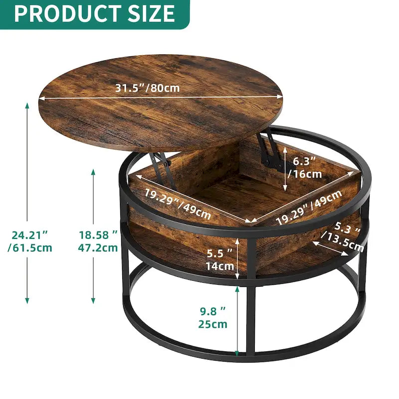 Table basse ronde à plateau relevable avec rangement dissimulé