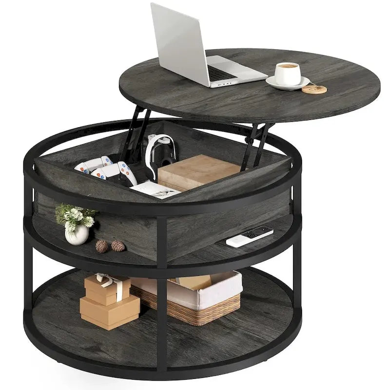 Table basse ronde à plateau relevable avec rangement dissimulé
