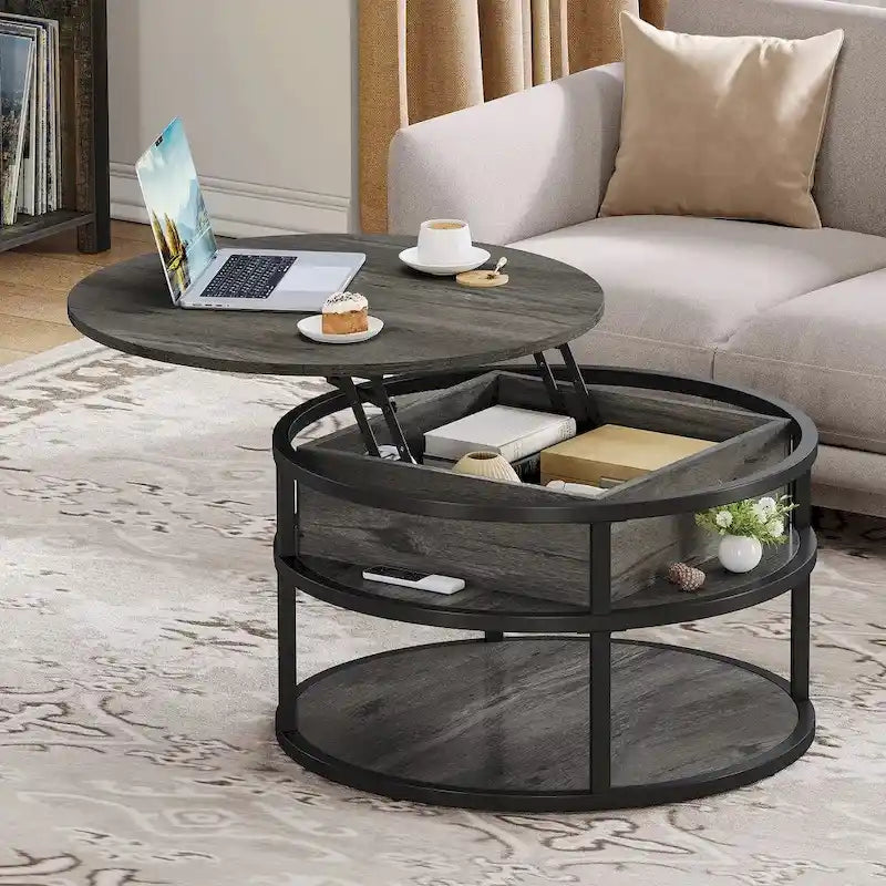Table basse ronde à plateau relevable avec rangement dissimulé