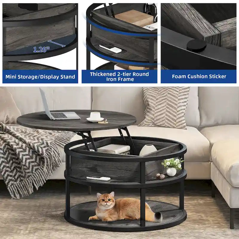 Table basse ronde à plateau relevable avec rangement dissimulé