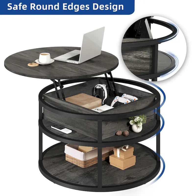 Table basse ronde à plateau relevable avec rangement dissimulé