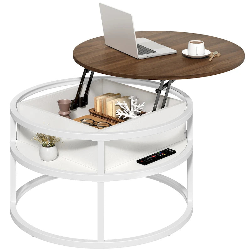 Table basse ronde à plateau relevable avec rangement dissimulé