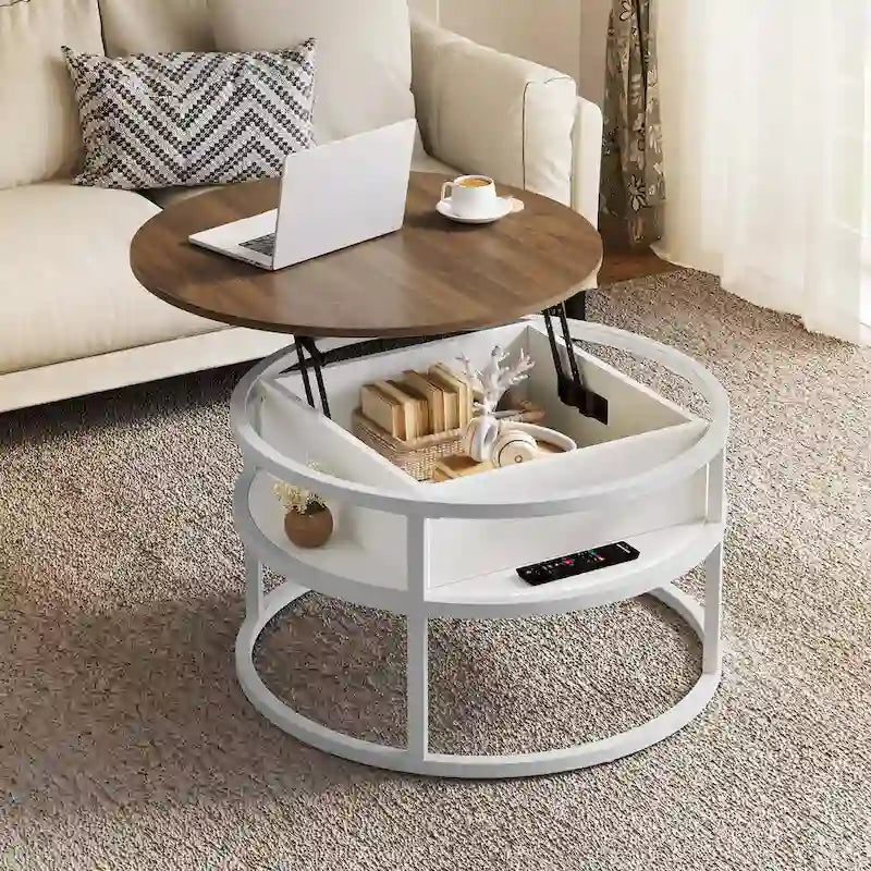 Table basse ronde à plateau relevable avec rangement dissimulé