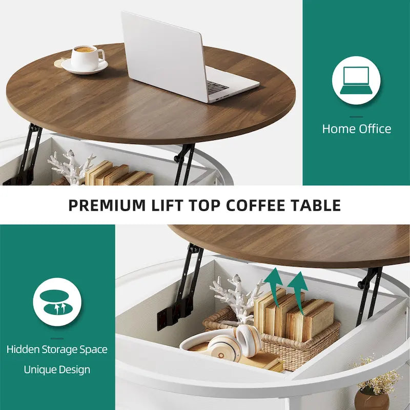 Table basse ronde à plateau relevable avec rangement dissimulé