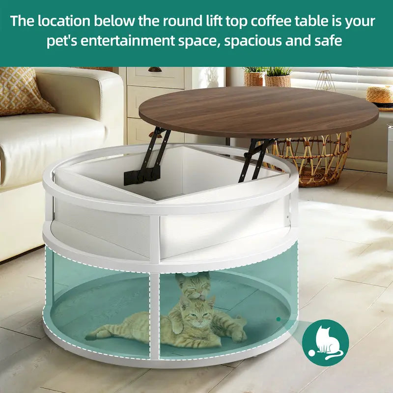 Table basse ronde à plateau relevable avec rangement dissimulé