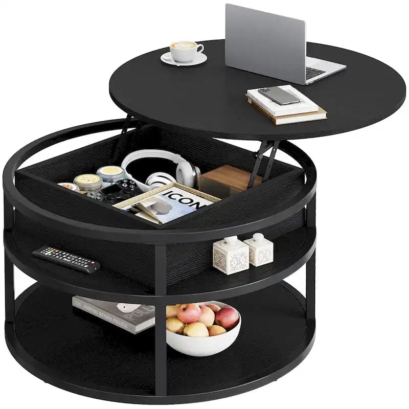 Table basse ronde à plateau relevable avec rangement dissimulé