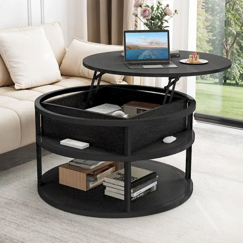 Table basse ronde à plateau relevable avec rangement dissimulé