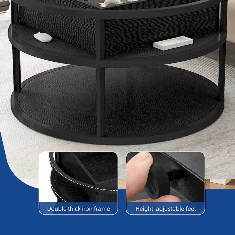 Table basse ronde à plateau relevable avec rangement dissimulé