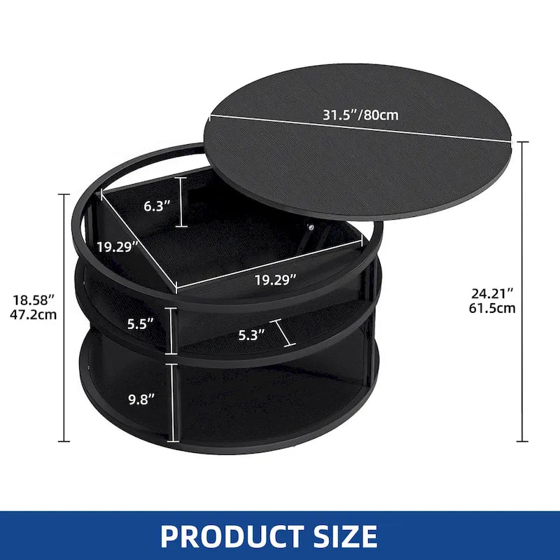 Table basse ronde à plateau relevable avec rangement dissimulé
