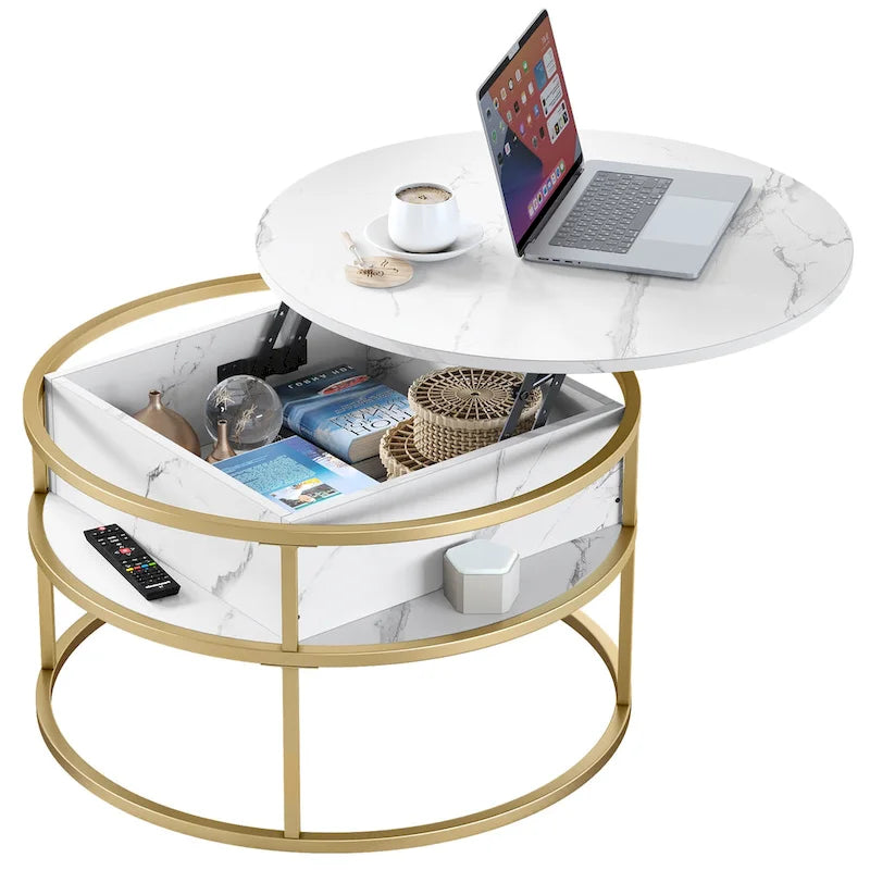 Table basse ronde à plateau relevable avec rangement dissimulé