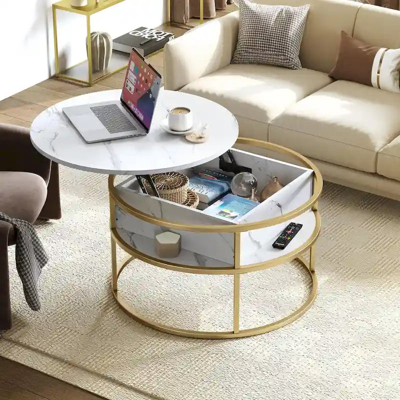 Table basse ronde à plateau relevable avec rangement dissimulé