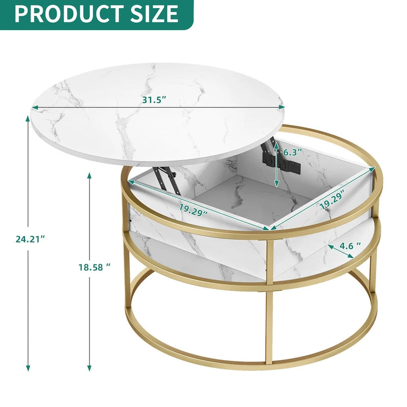 Table basse ronde à plateau relevable avec rangement dissimulé