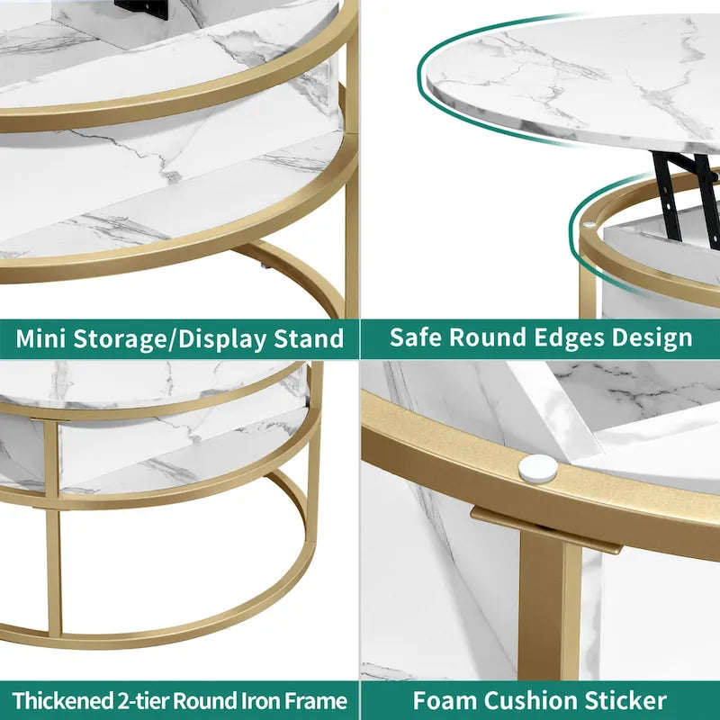 Table basse ronde à plateau relevable avec rangement dissimulé