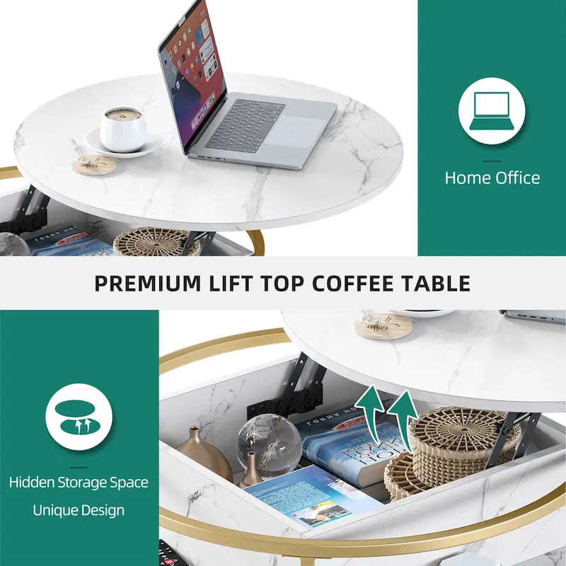 Table basse ronde à plateau relevable avec rangement dissimulé