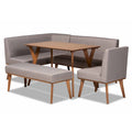 Banquette d'angle de salle à manger en tissu gris et bois finition noyer