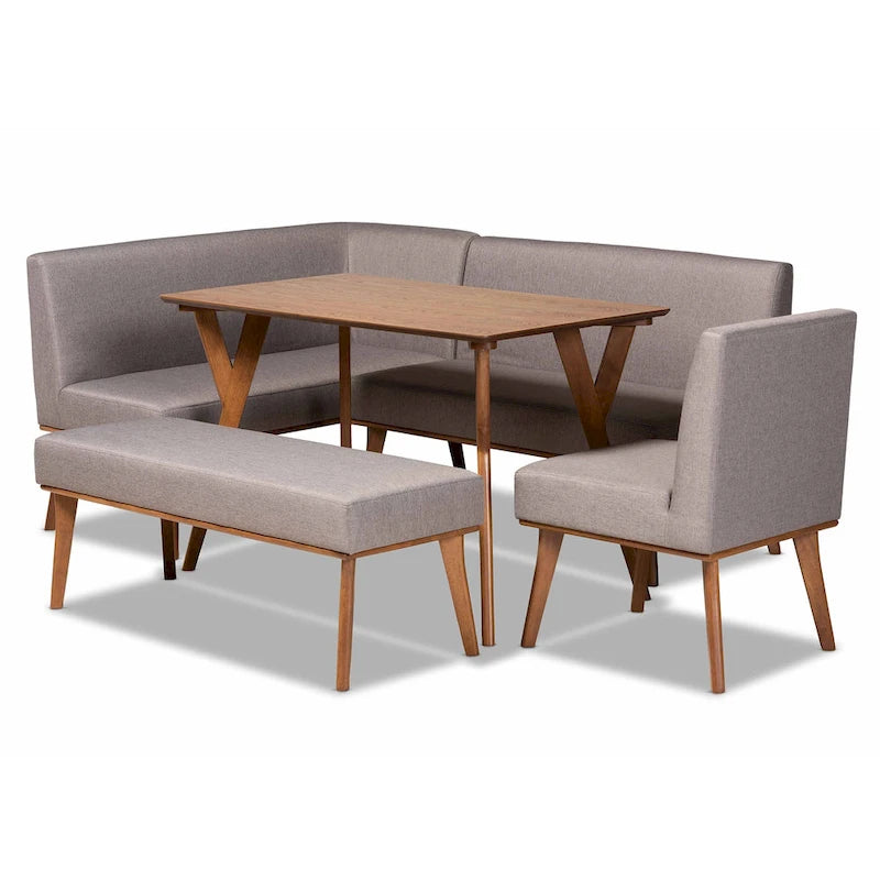 Banquette d'angle de salle à manger en tissu gris et bois finition noyer