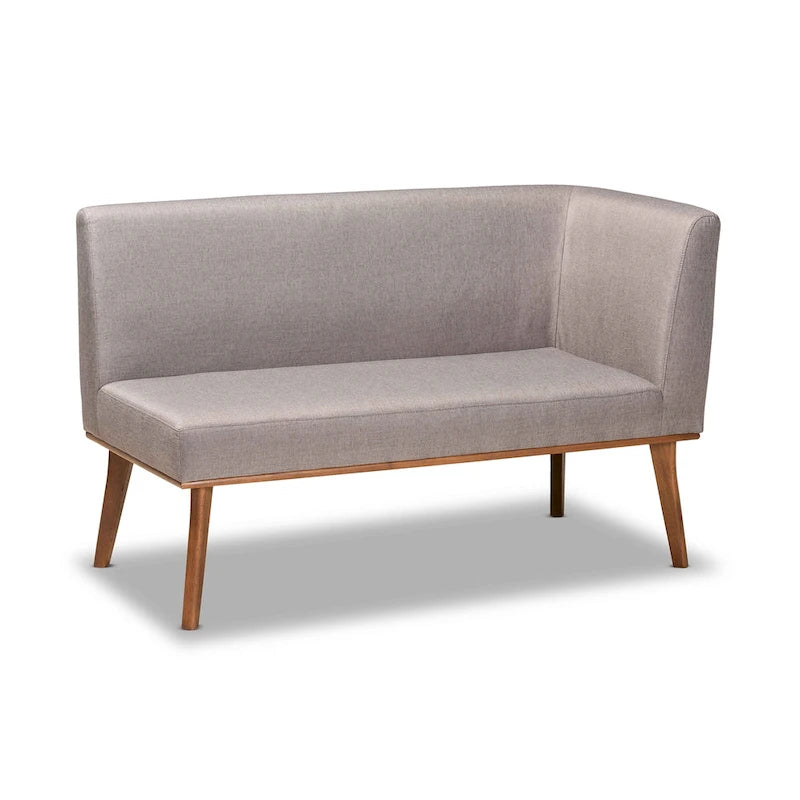 Banquette d'angle de salle à manger en tissu gris et bois finition noyer