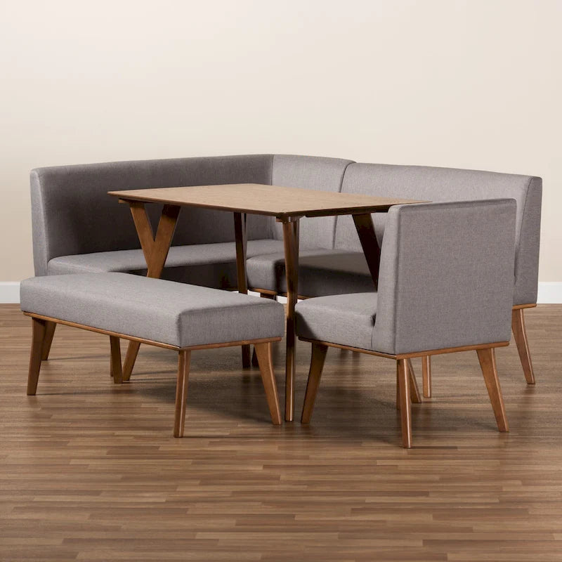Banquette d'angle de salle à manger en tissu gris et bois finition noyer
