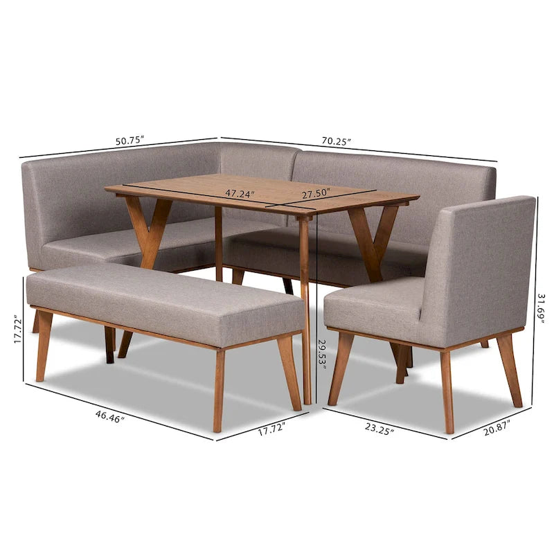 Banquette d'angle de salle à manger en tissu gris et bois finition noyer