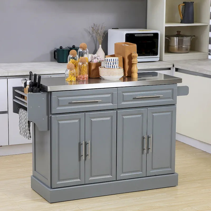Îlot de cuisine roulant avec rangement Chariot de cuisine portable avec dessus en acier inoxydable Gris