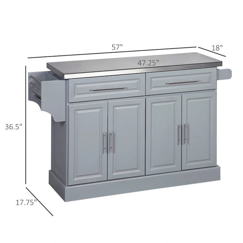Îlot de cuisine roulant avec rangement Chariot de cuisine portable avec dessus en acier inoxydable Gris