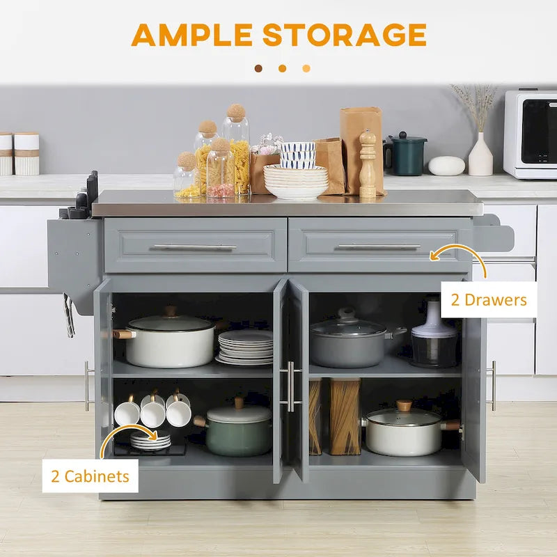 Îlot de cuisine roulant avec rangement Chariot de cuisine portable avec dessus en acier inoxydable Gris