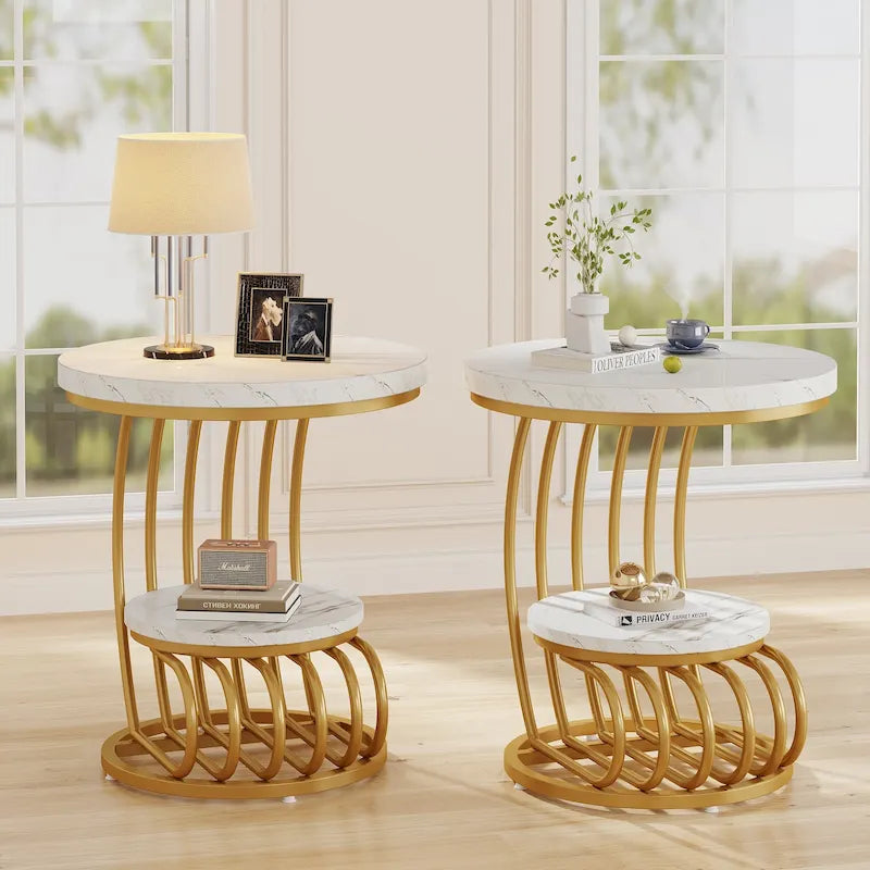 Table d'appoint ronde à 2 niveaux pour salon, chambre à coucher, table de chevet