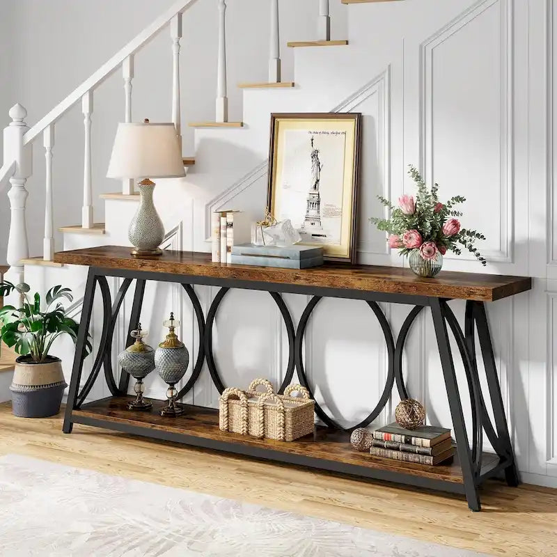 Console extra longue de 180 cm avec étagère inférieure pour salon