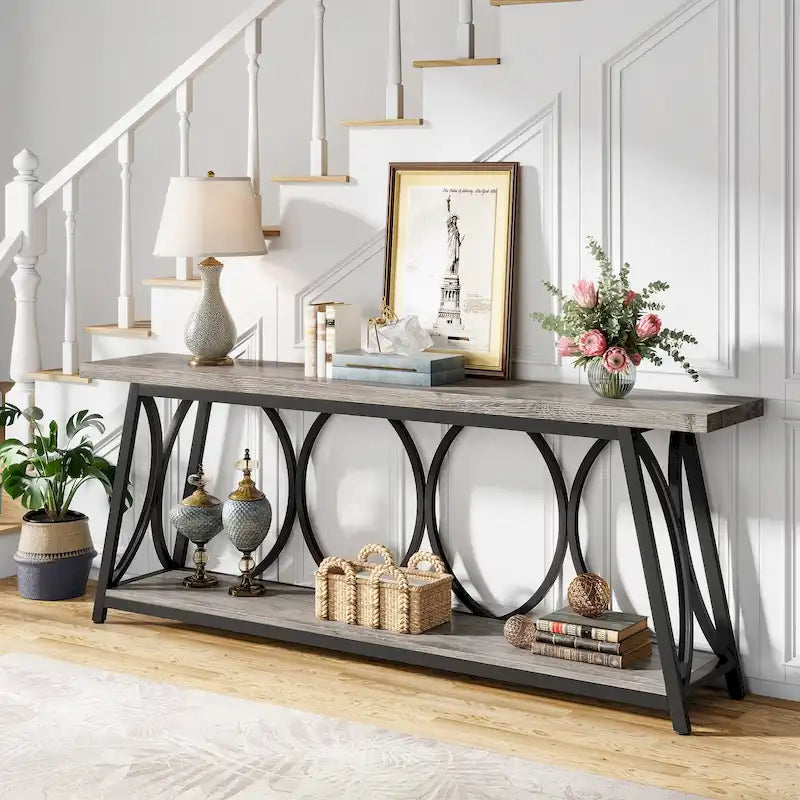 Console extra longue de 180 cm avec étagère inférieure pour salon