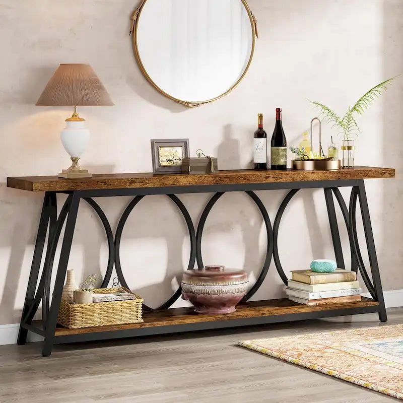 Console extra longue de 180 cm avec étagère inférieure pour salon