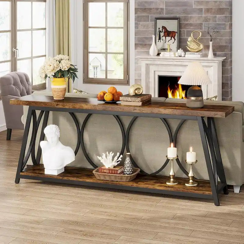 Console extra longue de 180 cm avec étagère inférieure pour salon