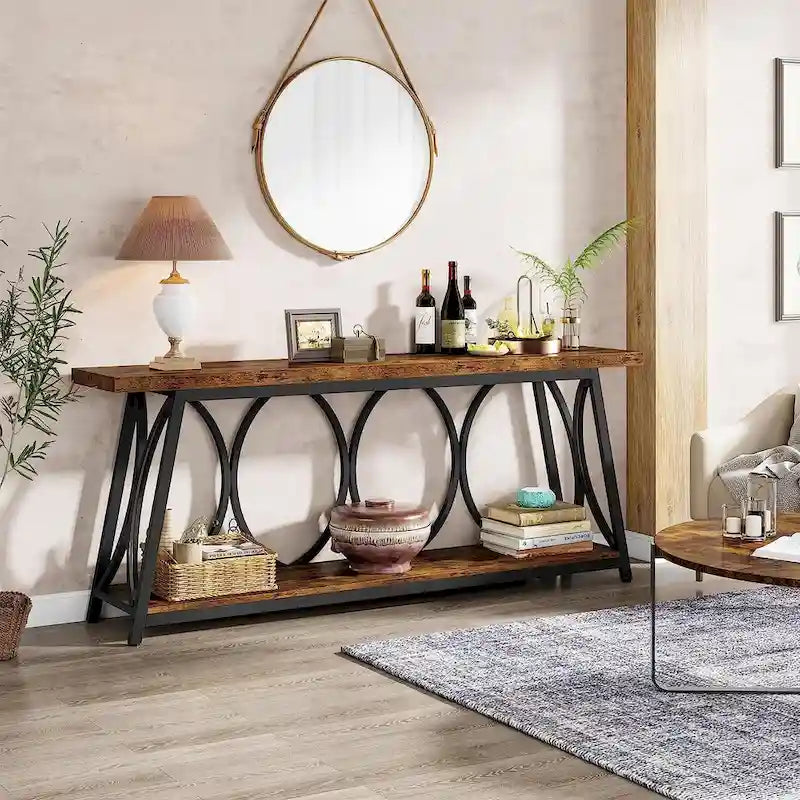 Console extra longue de 180 cm avec étagère inférieure pour salon
