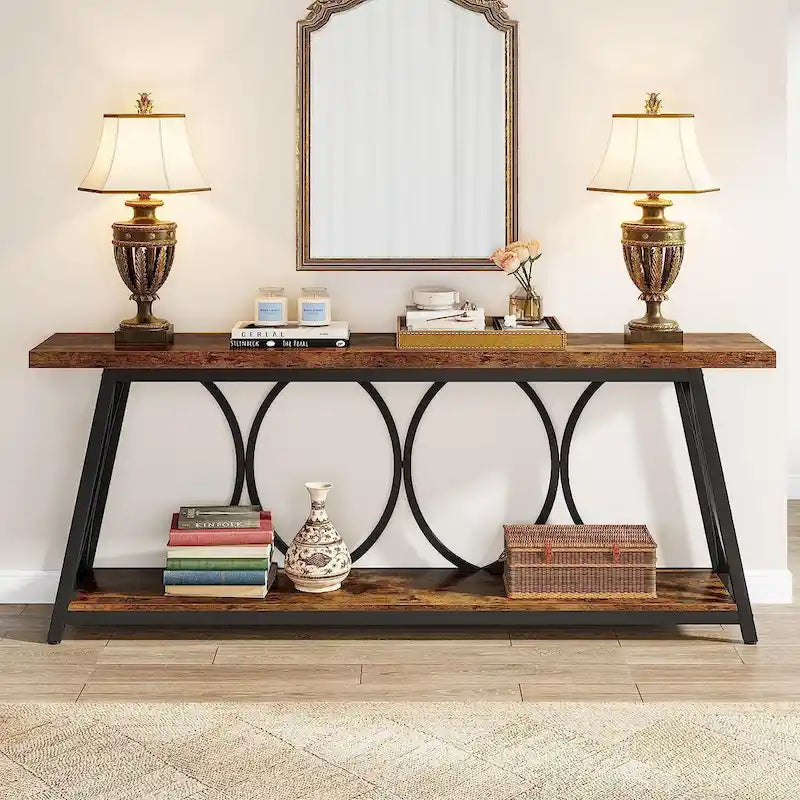 Console extra longue de 180 cm avec étagère inférieure pour salon