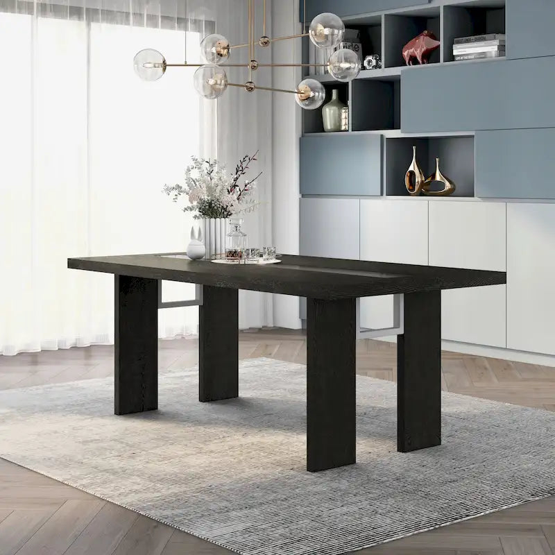 Table à manger contemporaine de 76 pouces avec plateau en verre et pieds en bois massif
