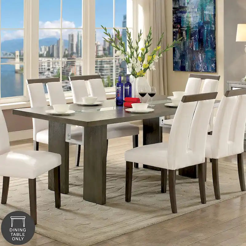 Table à manger contemporaine de 76 pouces avec plateau en verre et pieds en bois massif