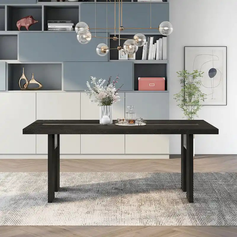 Table à manger contemporaine de 76 pouces avec plateau en verre et pieds en bois massif