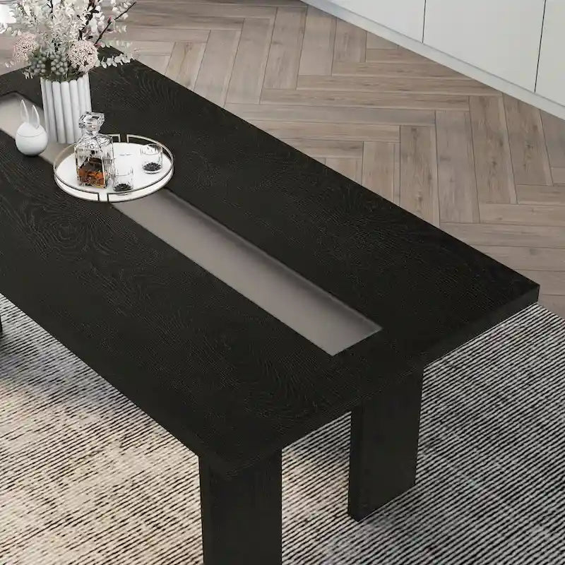 Table à manger contemporaine de 76 pouces avec plateau en verre et pieds en bois massif